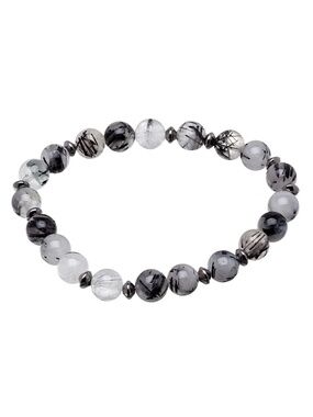 Rutilated Quartz Beaded Bracelet – Natural Stone Stretch Bracelet Black & Grey